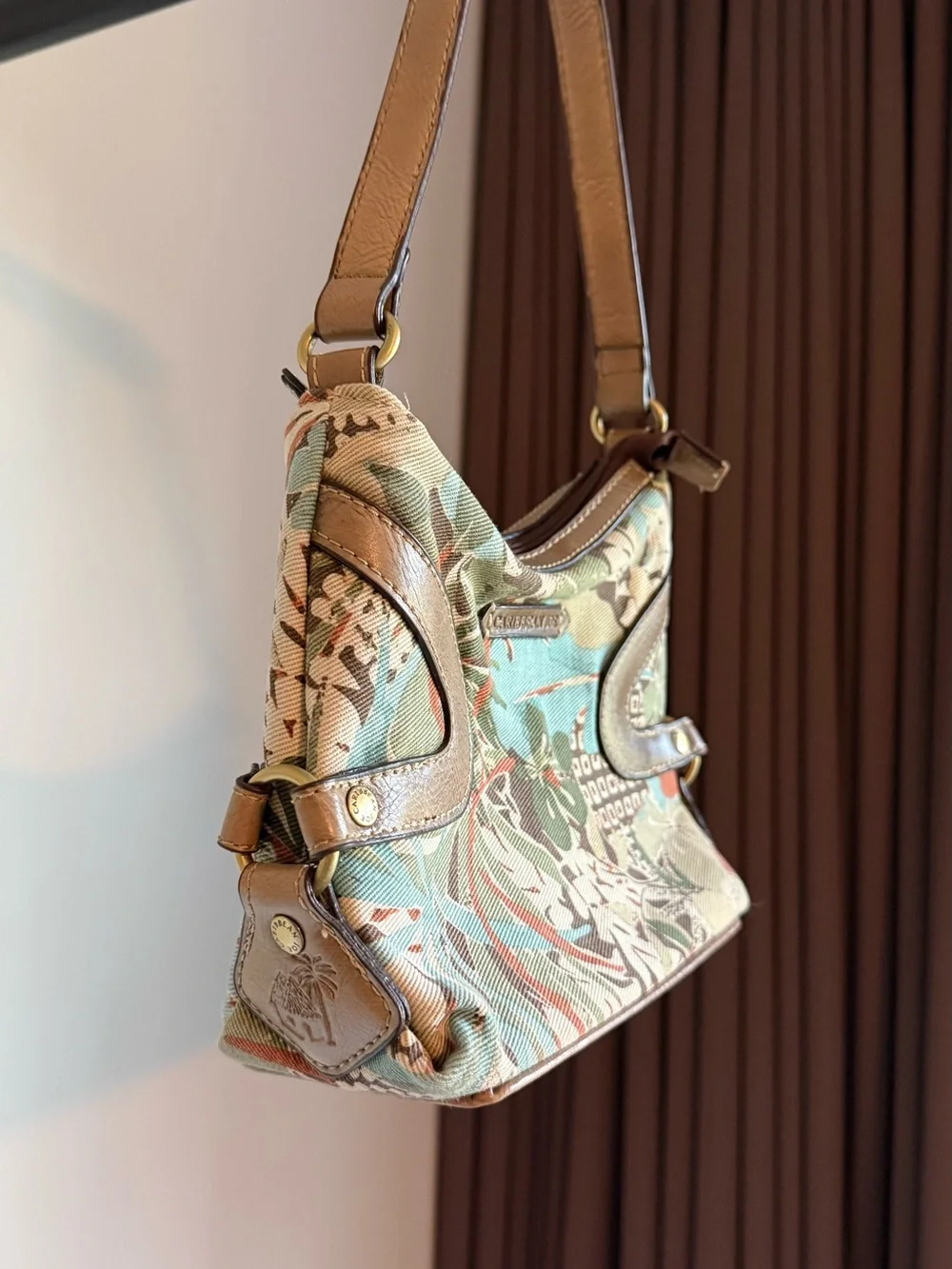 Caribbean Joe Floral Canvas Shoulder Bag in Teal, Green & Brown
